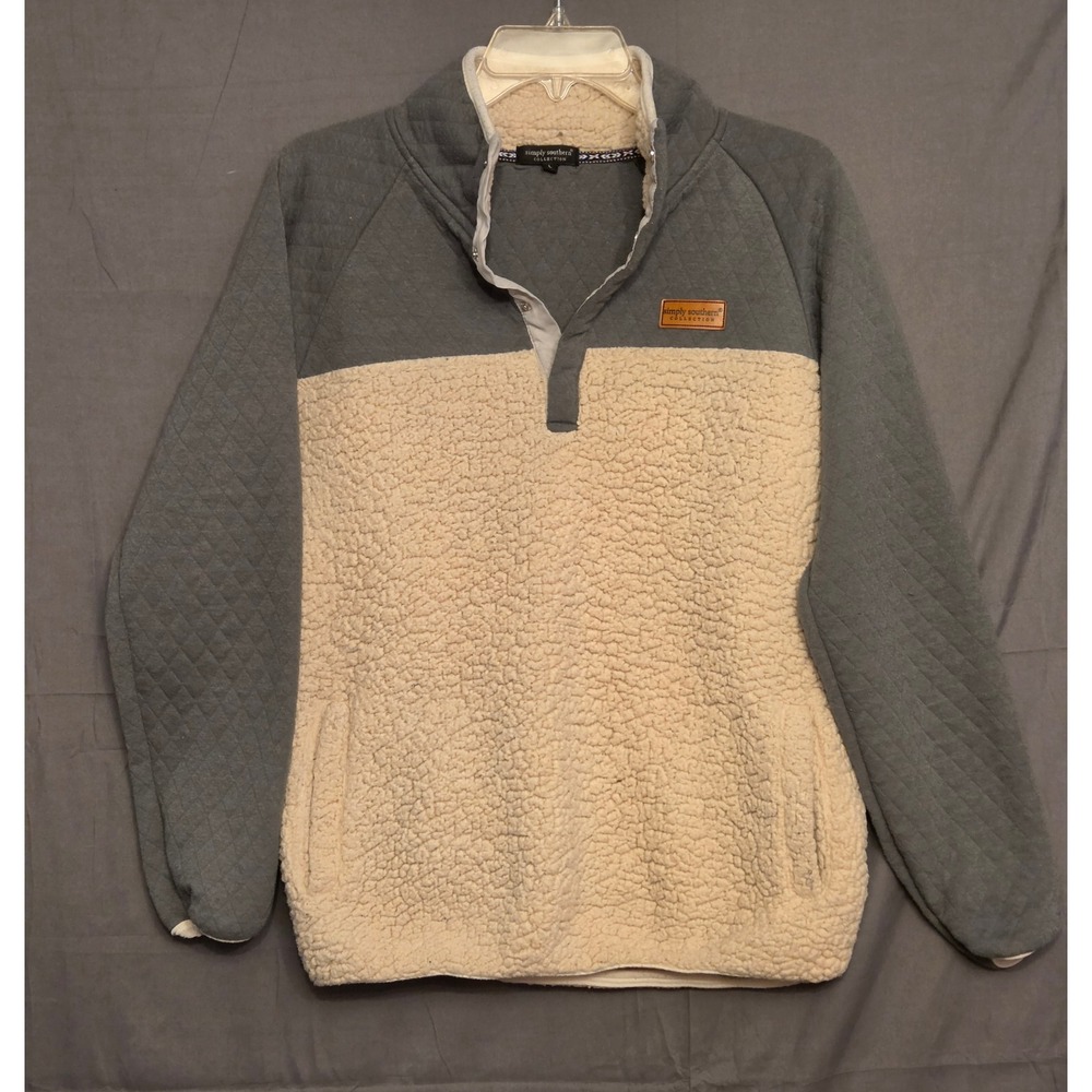 Simply Southern Sherpa Fleece Pullover Womens Size Large Cream Gray Warm‎